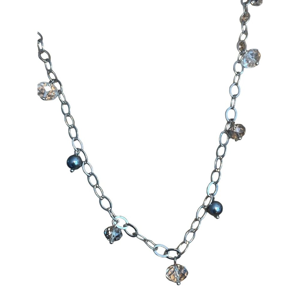 Loft Silver Tone Long Chain Necklace Crystal Faux Pearl Accents Double Adj 36"